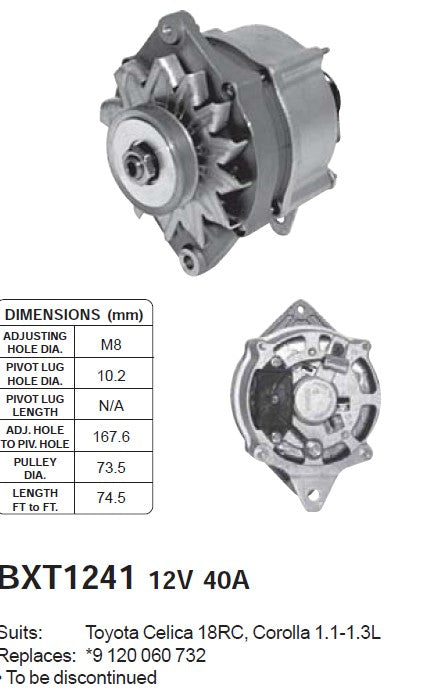 Corolla 3K 4K Bosch Alternator 40Amps Built as Required Contact Store to arrange